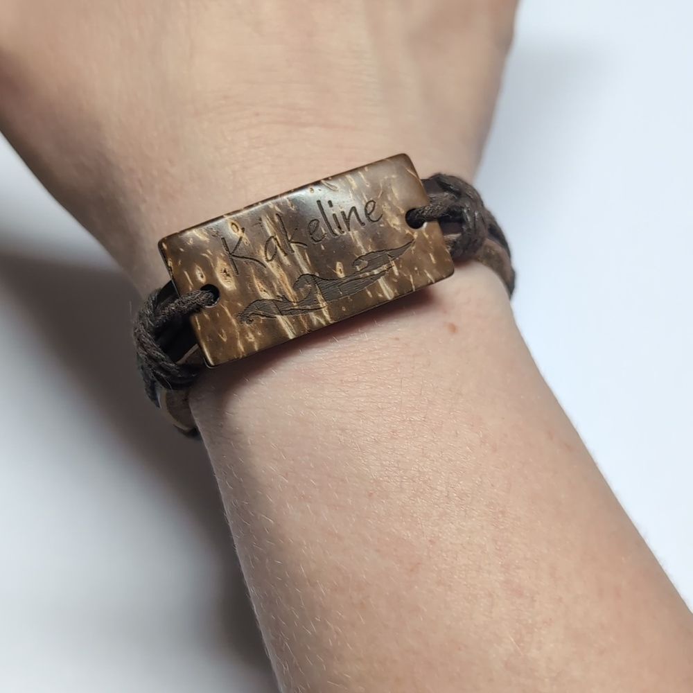 282‎ Brown Leather Adjustable Slider Bracelet with Brown Wood Kakeline Charm